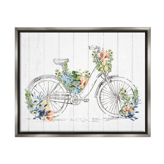Stupell Industries Floral Country Bicycle Transportation Painting Gray Floater Framed Canvas Art Print Wall Art, 21 x 17