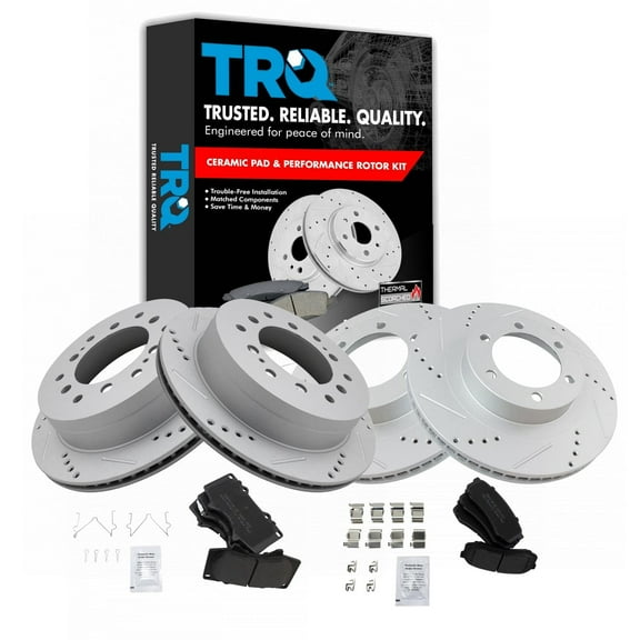 TRQ Front and Rear Performance Brake Pad & Rotor Kit Brake Pads Brake Rotors Set Semi-Metallic Premium G-Coated Fits Select 2003-2009 Lexus GX470 Toyota 4Runner
