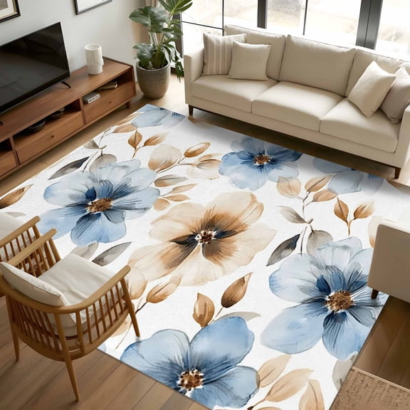 8x10 Area Rugs Blue Brown Spring Floral Non-Skid Rubber Backing Large Rectangle Rugs - Living Room Bedroom Home Office, Summer Botanical Watercolor Indoor Floor Mat Carpets Washable Rug