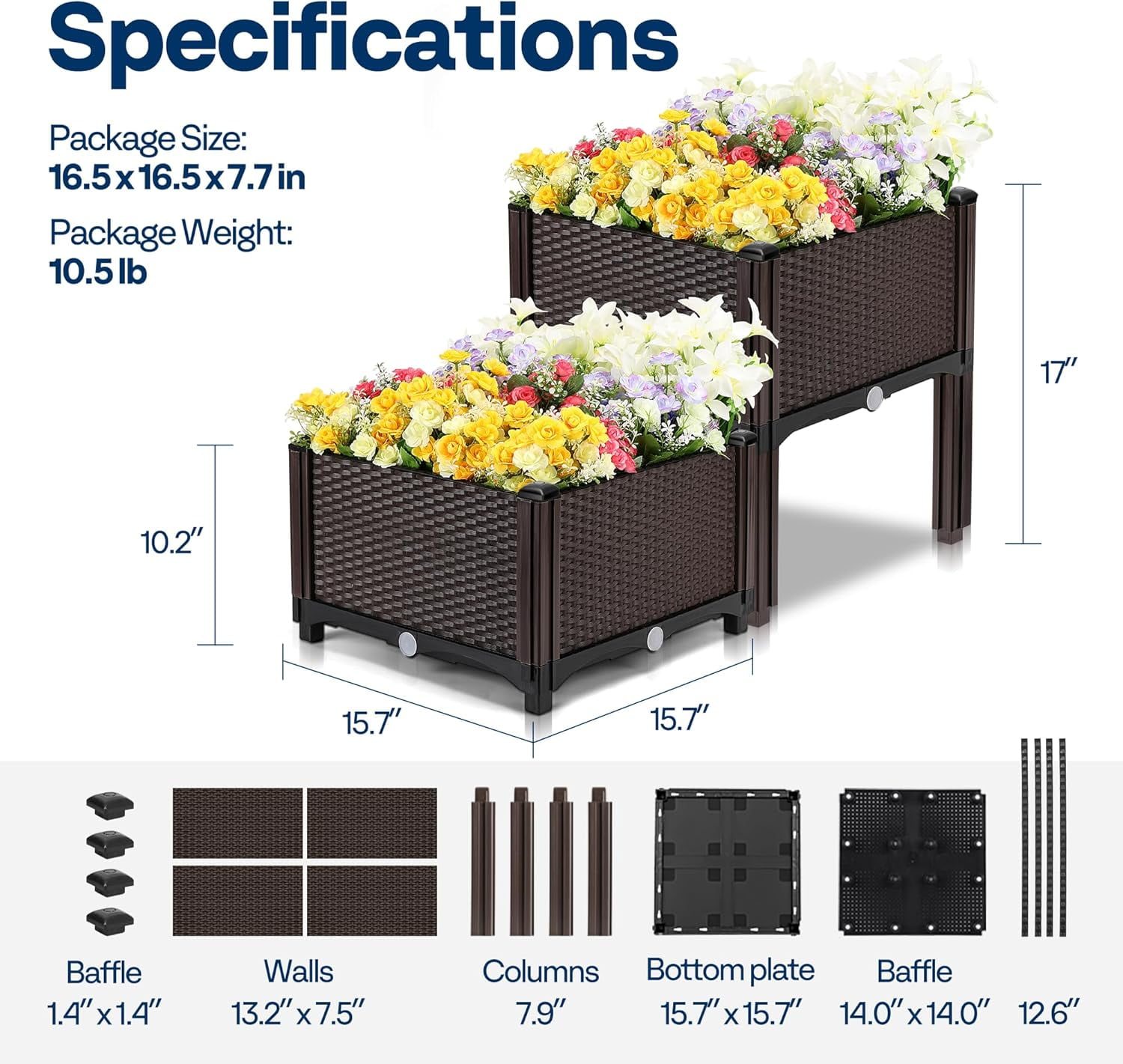 SPECSTAR   Garden Bed Kit,Elevated Plastic Raised Garden Planter Kit, 17" x 17" x 7" (2 Pack, Brown)