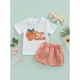 thumbnail image 2 of Franhais Baby Girl’s Tops and Shorts Set Fashion Peach Letter Short Sleeve T-shirt and Short Pants  Headband, 2 of 9