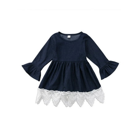 

LisenraIn Baby Girl Denim Lace Dress Children Girls Long Sleeve Party Dresses