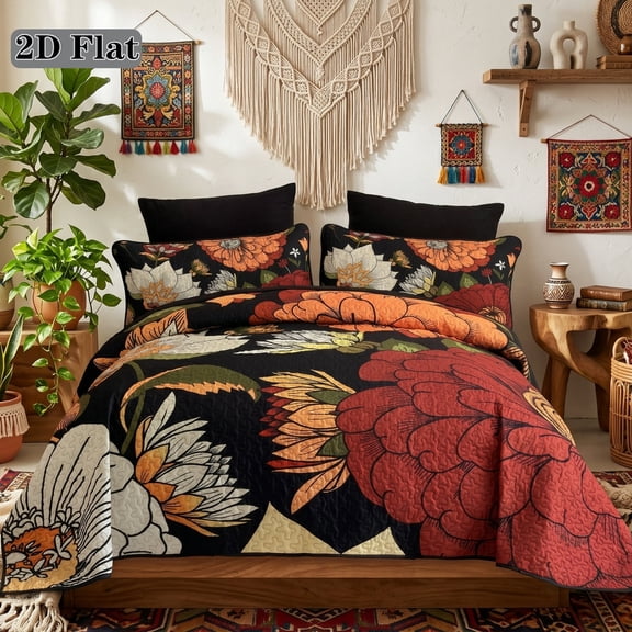 2/3 Pcs Black Background Retro Oil Painting Floral Quilted Bedspread Set(1 Quilt 1/2 Pillowcases), Soft Breathable Skin-Friendly Fabric, Machine Washable All Season Bedding for Bedroom Dorm