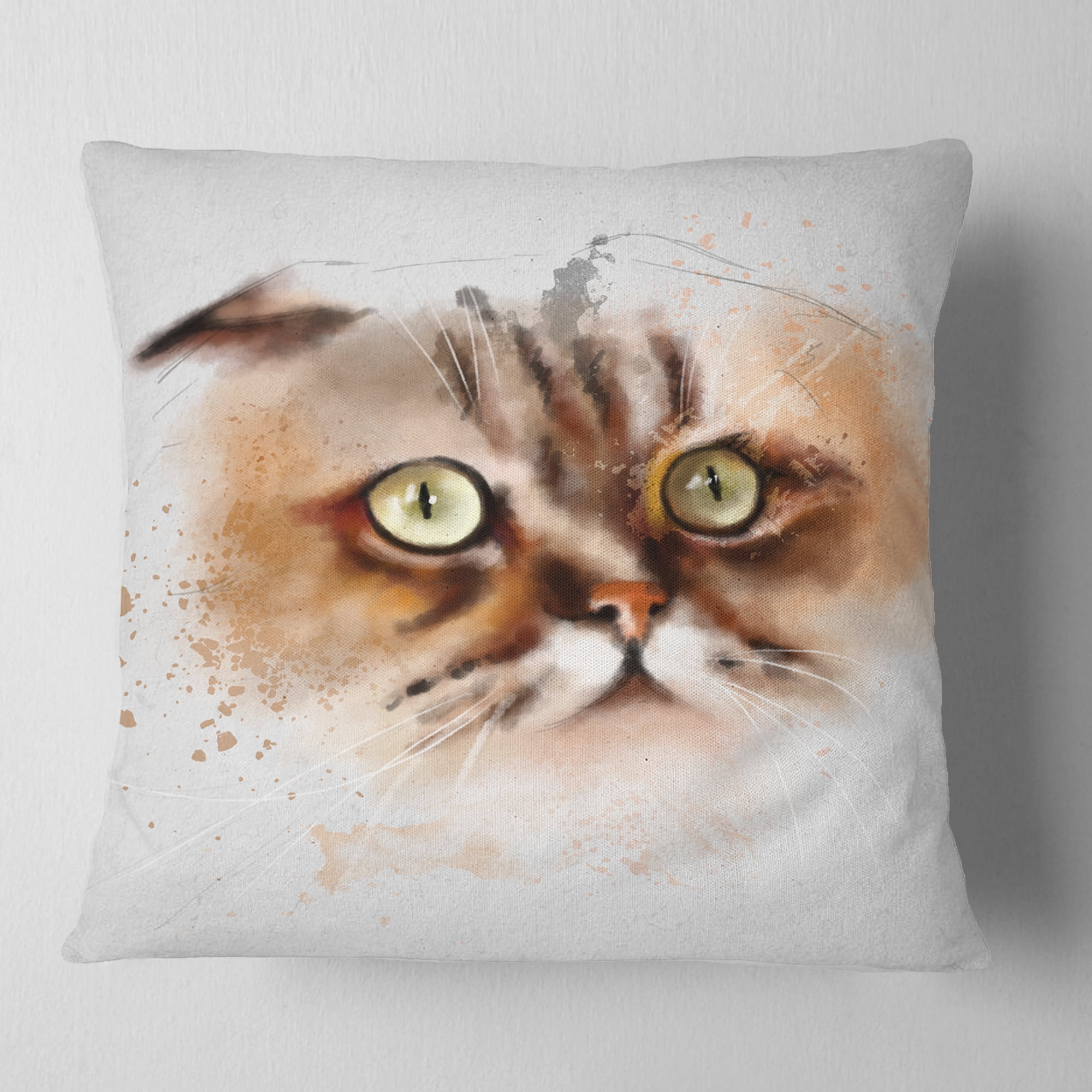 Designart Cute Brown Cat Watercolor Sketch - Animal Throw Pillow - 16x16