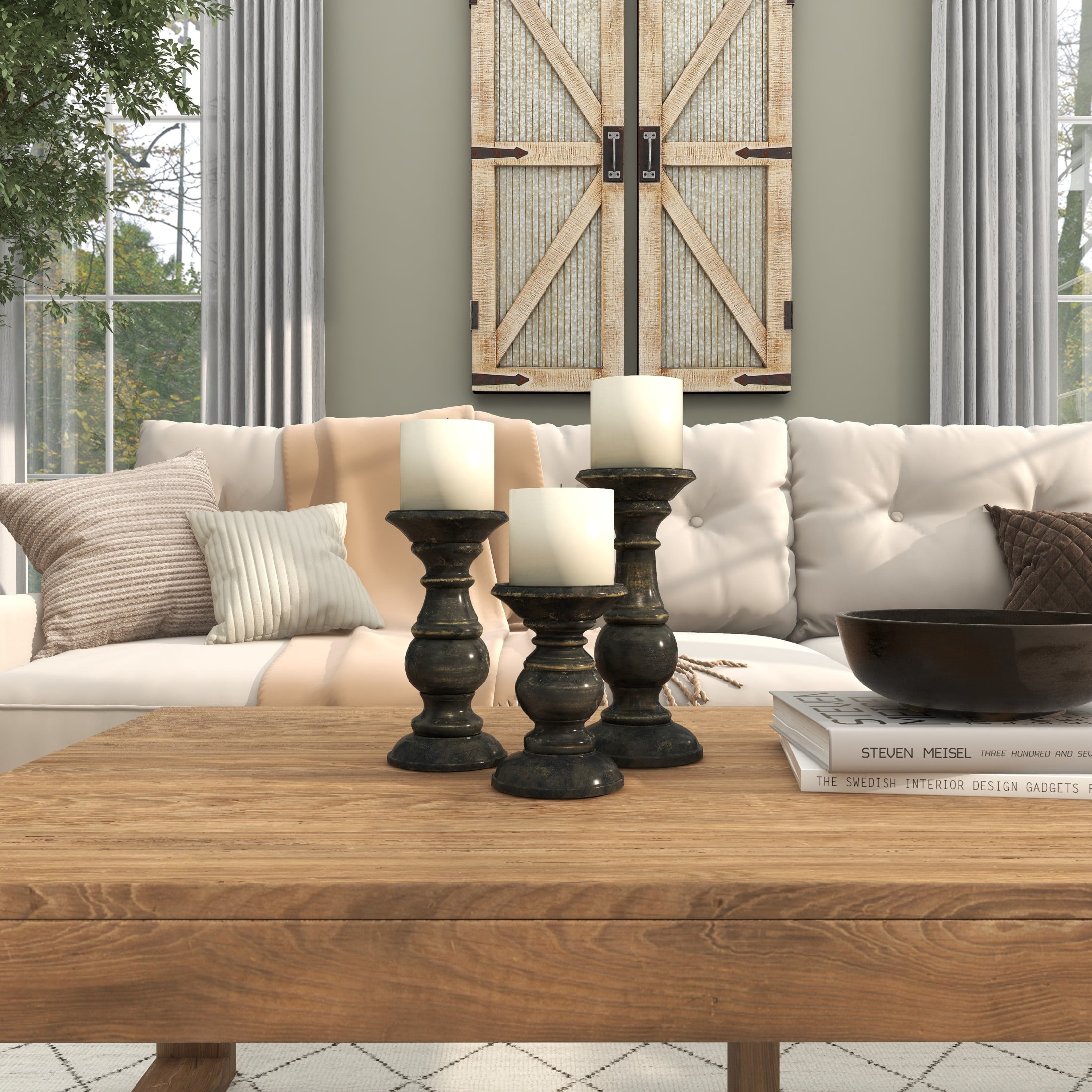 DecMode 3 Candle Black Mango Wood Distressed Turned Pillar Candle Holder, Set of 3