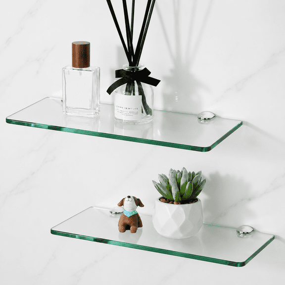 Clear Tempered Glass Floating Wall Shelves, Set of 2, 12 Inch Modern Decor Shelves
