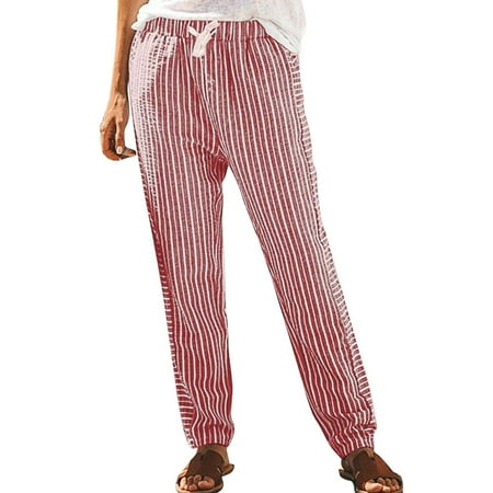

HTNBO Women Elastic Waist Carot Pants with Pockets Straight Leg Stripes Trousers Scrubs Pants Fashion under $15