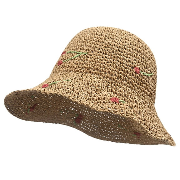 51-53cm head circumference cute cherry fisherman hat children's sunscreen hat summer seaside beach sunshade straw hatKhaki