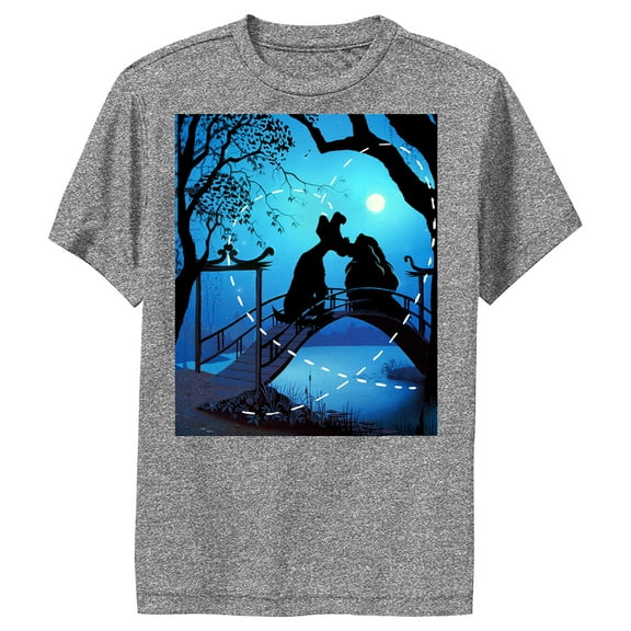 Boy's Lady and the Tramp Kissing in the Moonlight Silhouette Performance Graphic Tee Charcoal Heather Large