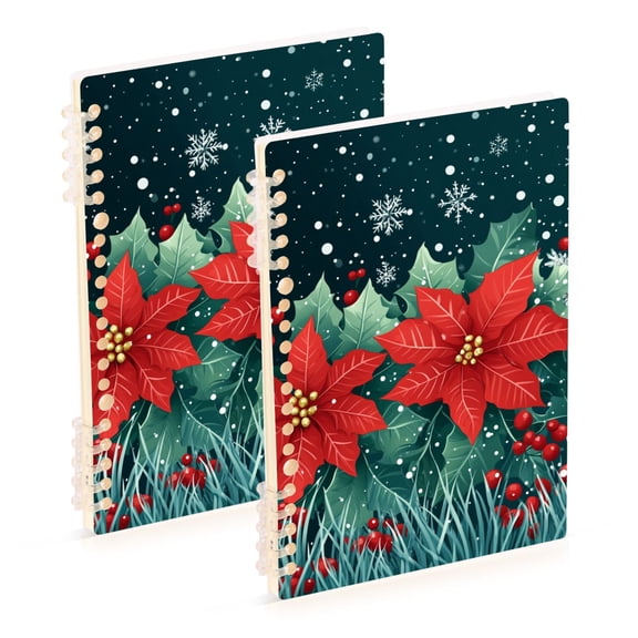 FORMRS 1-Subject Spiral Notebook 8" x 5" College Ruled 60 Refillable Sheet A5 Hard Cover, 2 Pack, Christmas Poinsettia