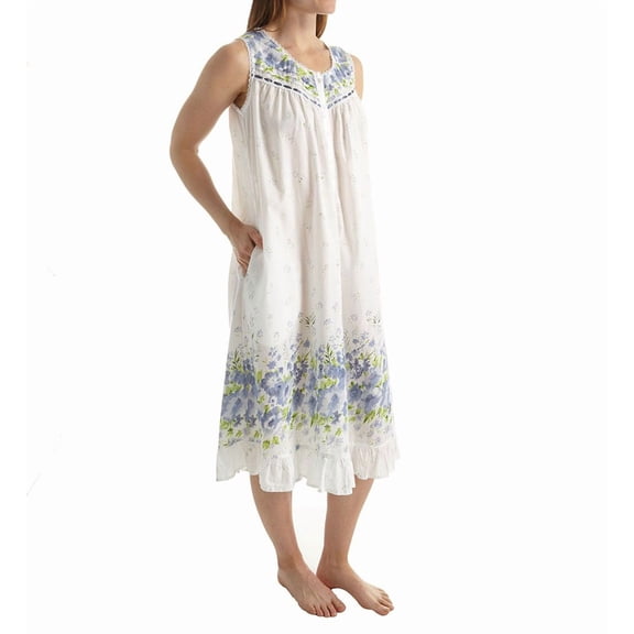 Women's La Cera 1209G 100% Cotton Woven Sleeveless Border Print Gown (Blue L)