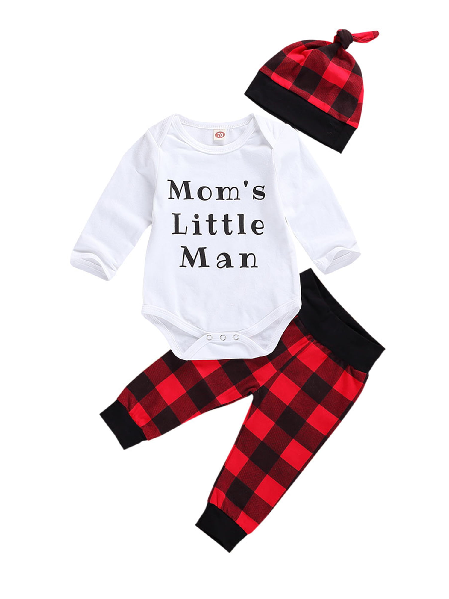 Newborn Baby Boy Clothes Crew Letter Print Romper Plaid Pants+Hat 3pcs Outfits Set Soft Breathable Fabric