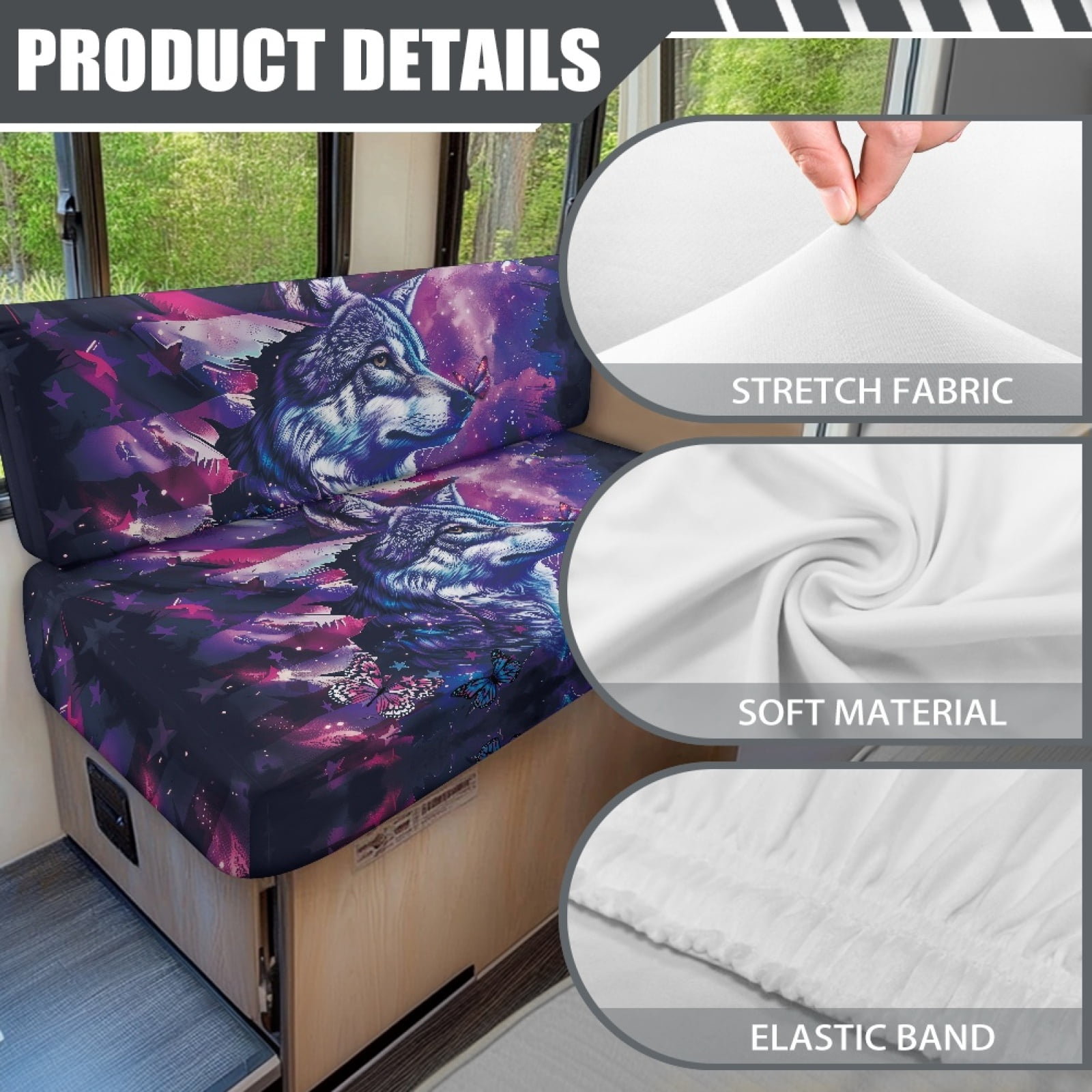 Kuiaobaty RV Dinette Cushions Covers Easy to Install Stretch Camper Cushions Cover RV Dinette Seat Covers Sofa Slipcovers for RV Camper Car Bench, American Flag Galaxy Wolf Butterfly Pattern