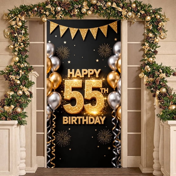 Gold Glitter Happy 55th Birthday Banner Black Background 55th Birthday Backdrop Metallic Balloons Star Accents Birthday Party Background for Adult Birthday Parties 55th Milestone Celebrations