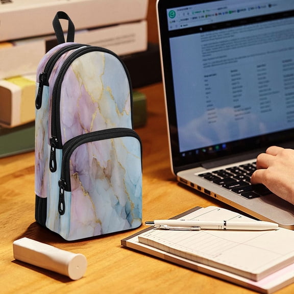 Backpack Pencil Case, 3 Compartment Large Capacity Oxford Fabric Pencil Pouch / Radiant Pastel Marble Art