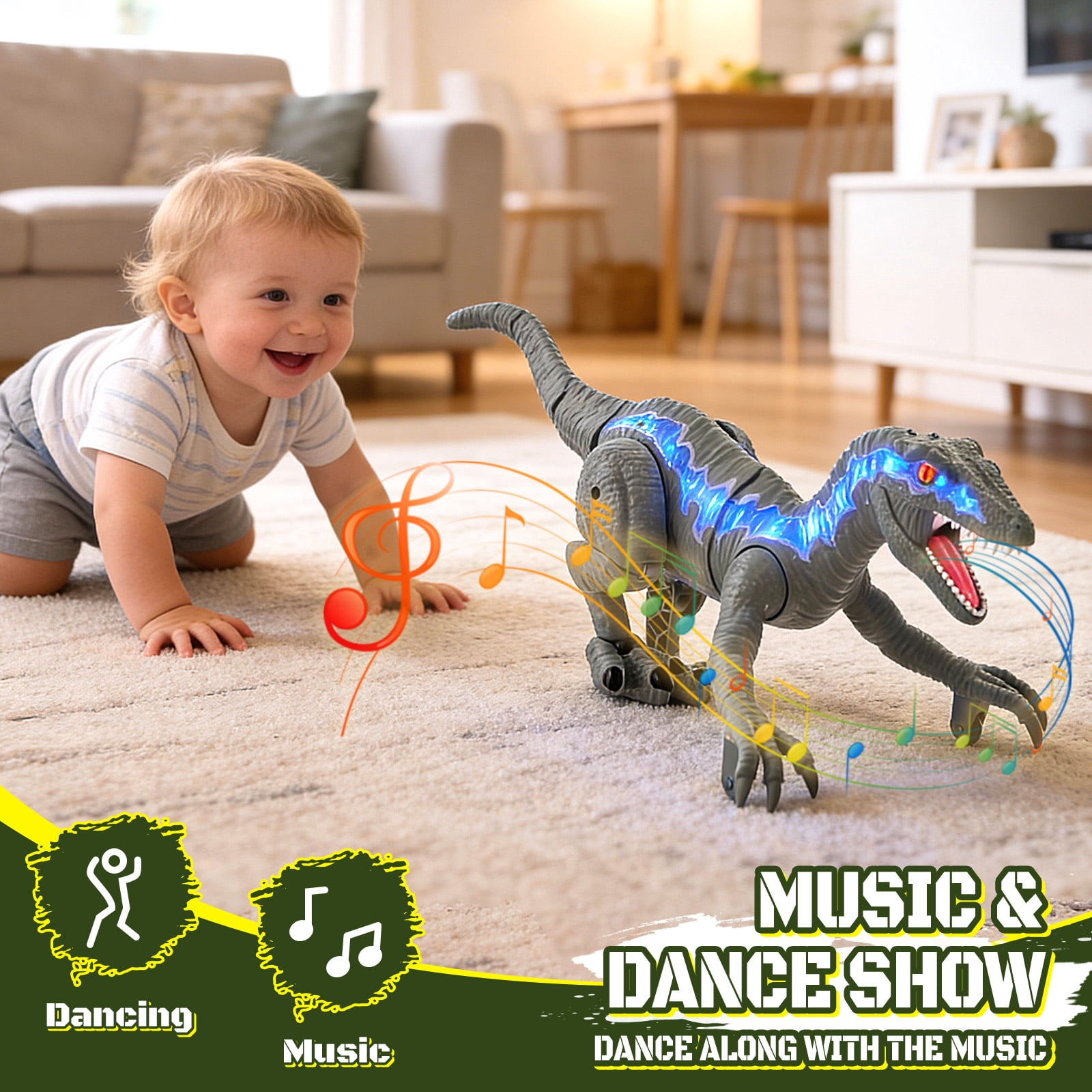 Lvelia Remote Control Dinosaur Toys for Kids,Big Walking Velociraptor Dino with Light and Sound, Birthday Gift Ideas for Boys and Girls 3-12 Year Old,Grey