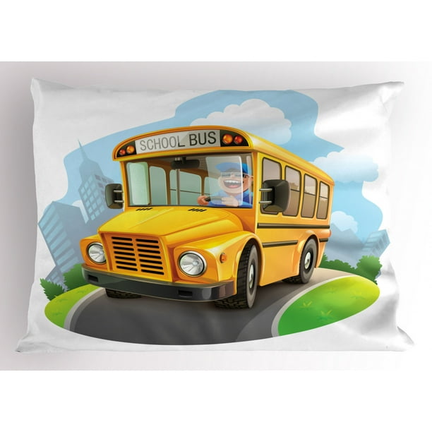 School Bus Pillow Sham, Bus Driver Laughing and Driving Cartoon Funny Drawing Wheels on The Road, Decorative Standard King Size Printed Pillowcase, 36 School Bus Pillow Sham, Bus Driver Laughing and Driving Cartoon Funny Drawing Wheels on The Road, Decorative Standard King Size Printed Pillowcase, 36