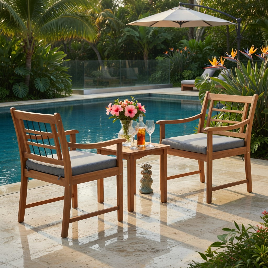 Hommoo 3-Piece Acacia Wood Patio Furniture Set, Cushioned Outdoor Chairs + Matching Coffee Table for Backyard, Poolside & Balcony, Gray