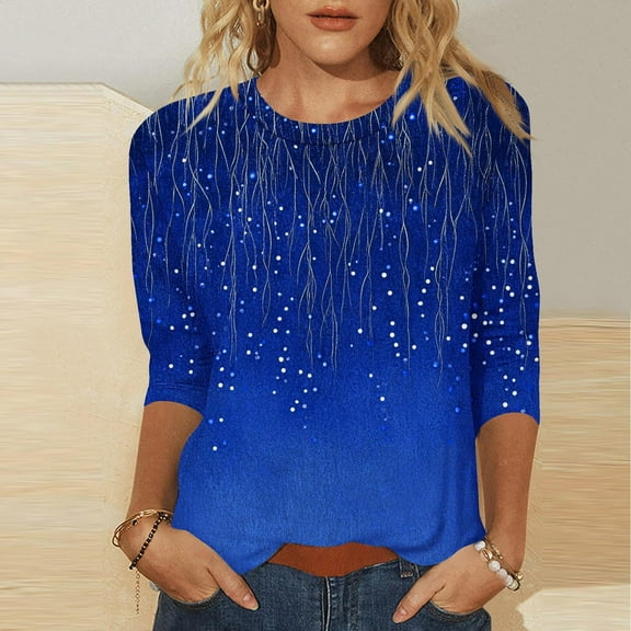 Blue Women's Long Sleeve T-shirt, 3/4 Length Sleeve Womens Tops Casual Round Neck Cute Tops Fashion Loose Fit T Shirts Ladies Tops And Blouses,Women's Long sleeve T-shirt M