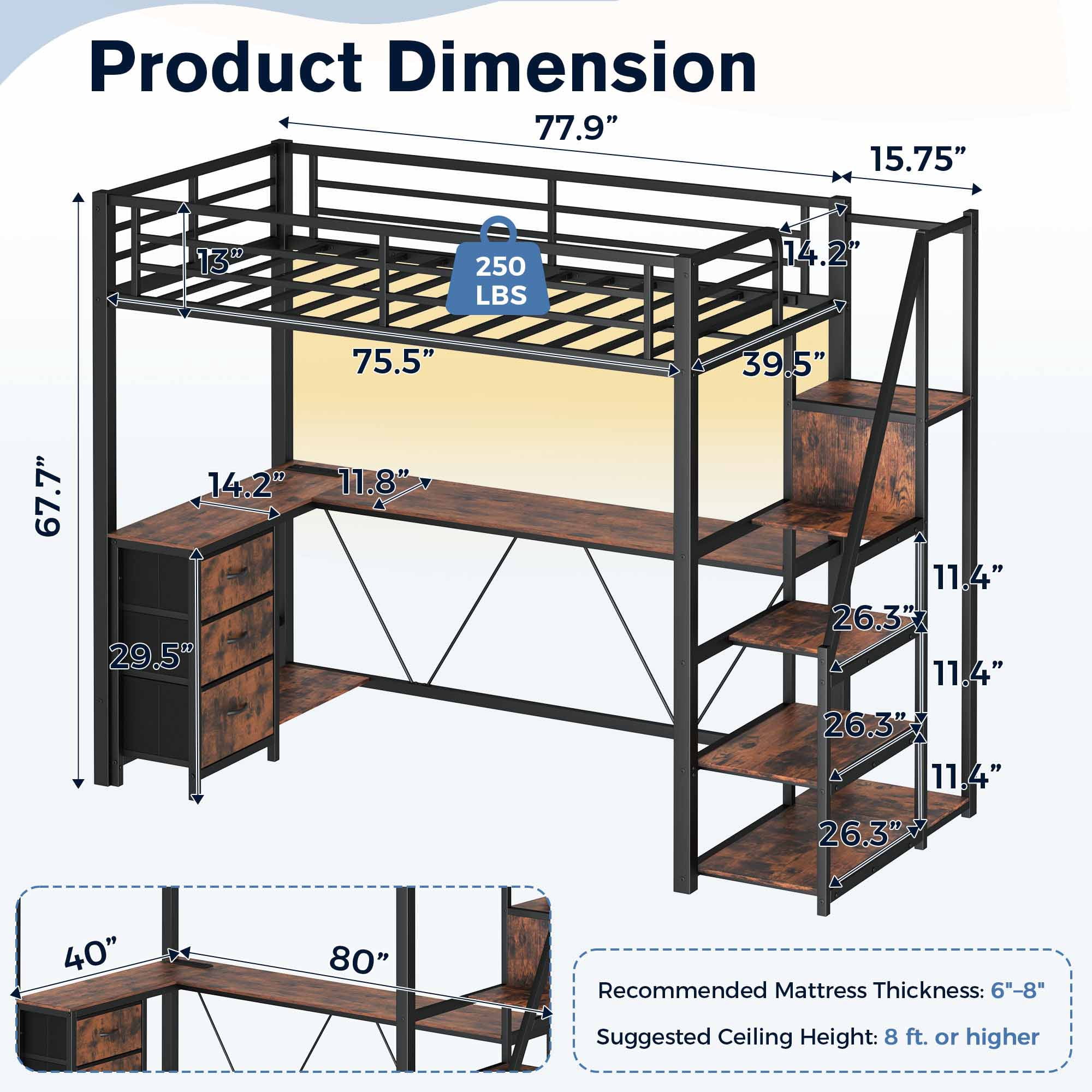 Miniyam Twin Loft Bed with L-Shaped Desk and Reversible Stairs, 3 Fabric Drawers, LED Light and Storage, Black