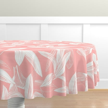 

Cotton Sateen Tablecloth 90 Round - Palms Tropical Leaves Hawaiian Botanical Plant Beach Leaf Aloha Pink Print Custom Table Linens by Spoonflower