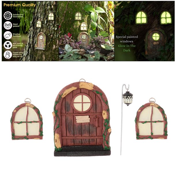 Jardín de hadas en miniatura que en la oscuridad Puerta de hadas y ventanas Estatuas de árboles Patio de árboles Escultura de jardín Hada Místi Soledad Mini puertas de hadas ventanas
