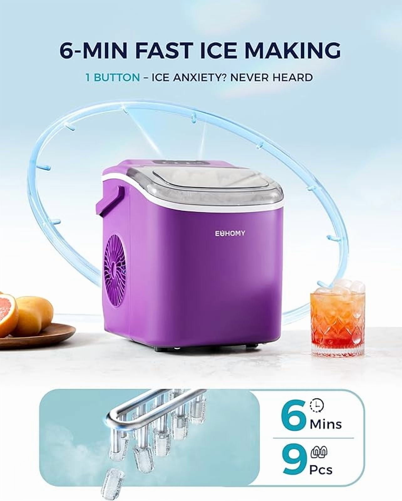 Countertop Ice Maker Machine with Handle, 26lbs Per Day, 9 Ice Cubes Ready in 6 Mins, Auto-Cleaning Portable Ice Maker with Basket and Scoop, for Home/Kitchen/Camping/RV (Purple)