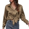 thumbnail image 3 of Womens Blouses Autumn Winter Satin Silk Solid Color Lapel Long Sleeve Loose Casual Tops Sportwear, 3 of 6