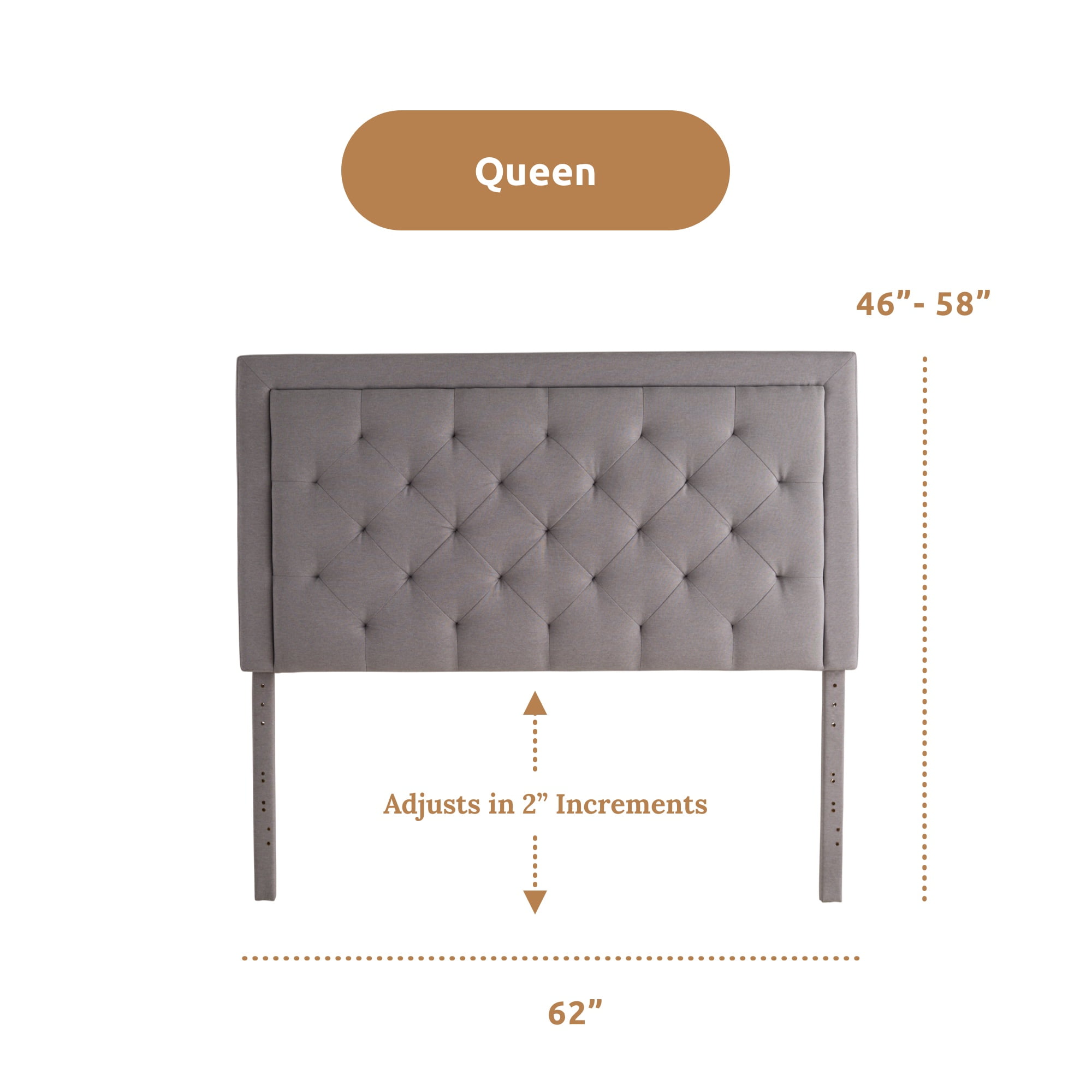 Rest Haven Medford Rectangle Upholstered Headboard with Diamond Tufting, Queen, Gray
