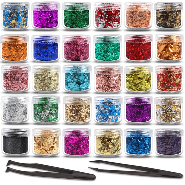 Escamas doradas para resina, 30 colores, escamas de lámina metálica, escamas doradas de colores, lámina artesanal con pinzas para resina, decoración de uñas, fabricación de joyas, moldes y pintura par