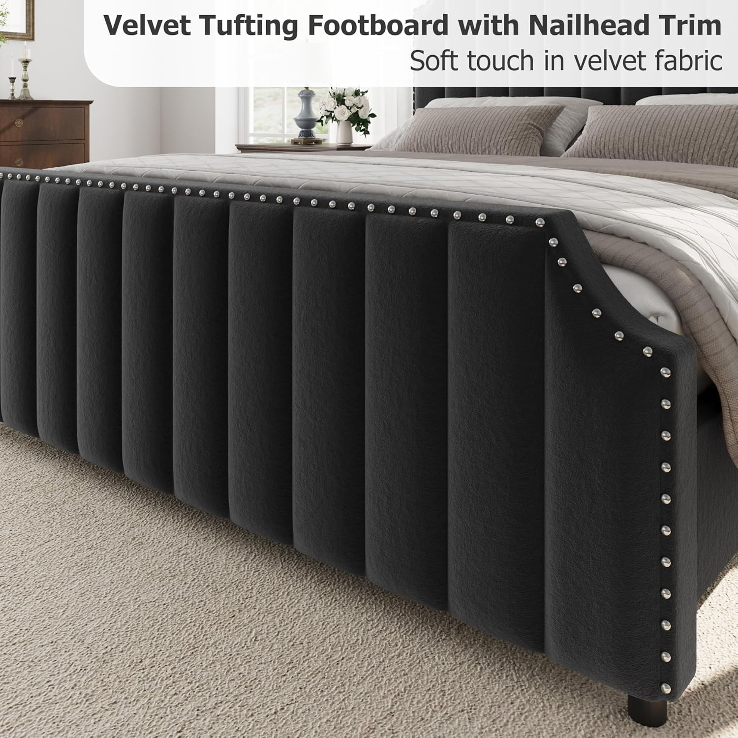 Garvee Queen Size Platform Bed Frame, Velvet Upholstered with 50.2" Channel Tufted Headboard, Nailhead Trim, Sturdy Wood Slats, No Box Spring Needed, Black