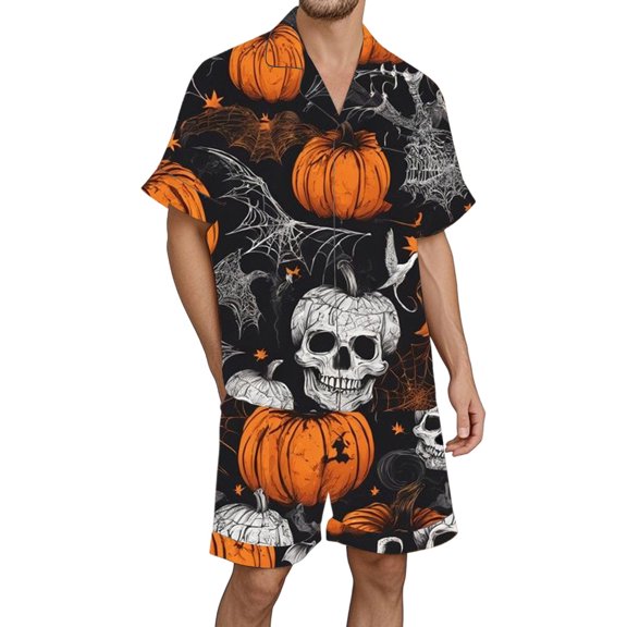 ibiyuan Halloween Mens Pajama Set Men Spooky Halloween Sleepwear Pajama Set, Cozy Loungewear Outfit for Holiday Party & Night Relax