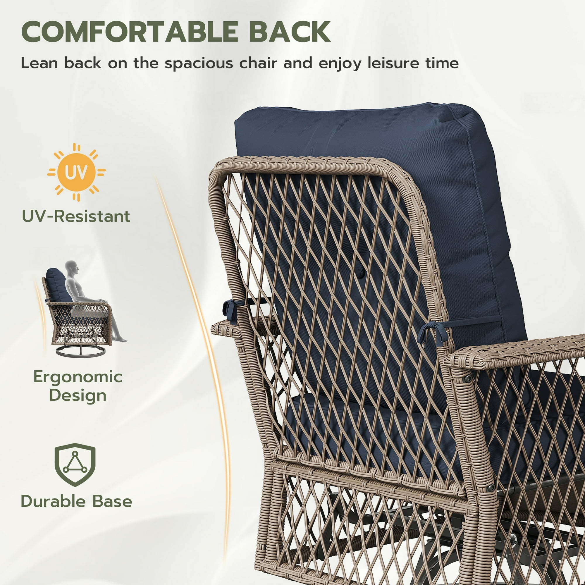 POTEBAN 3 Pieces Patio Furniture Set, Outdoor Swivel Gliders Rocker, Glass Top Side Table (Navy Blue)