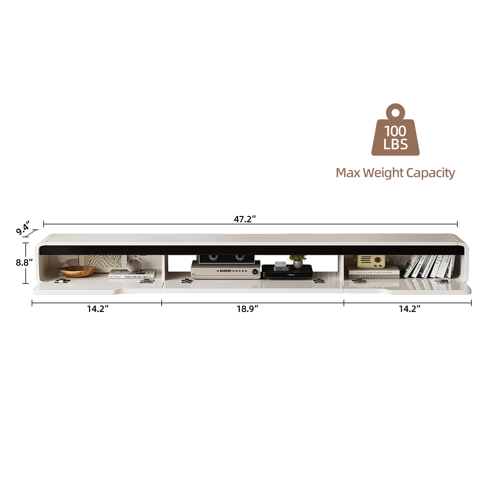 FloatiCasa 47-Inch High Gloss Floating TV Stand Wall-Mounted Entertainment Center for TVs up to 50" Modern Minimalist Floating TV Shelf