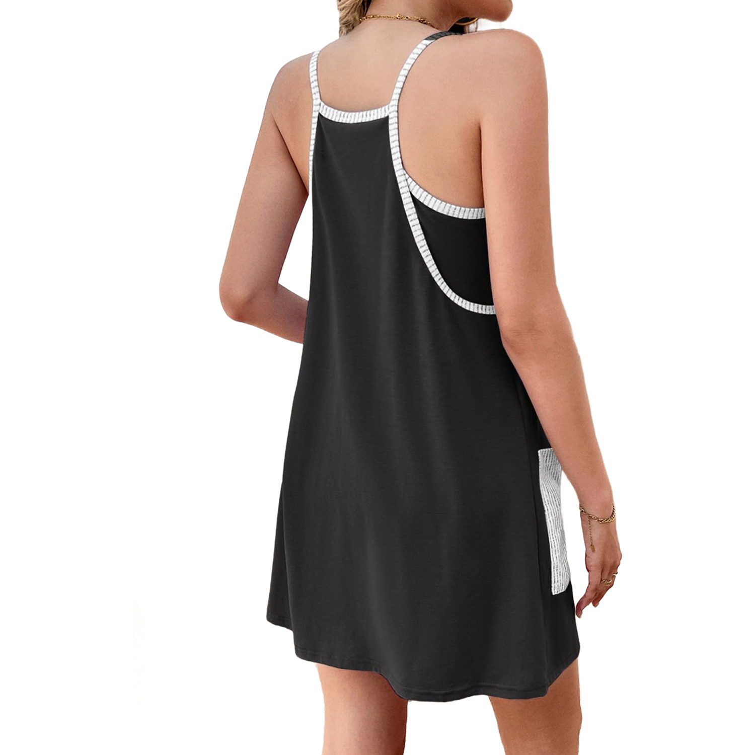 Summer V-neck Women Plain Knit Dress Sleeveless Spaghetti Strap Casual Loose Athletic Dress with Shorts Pocket