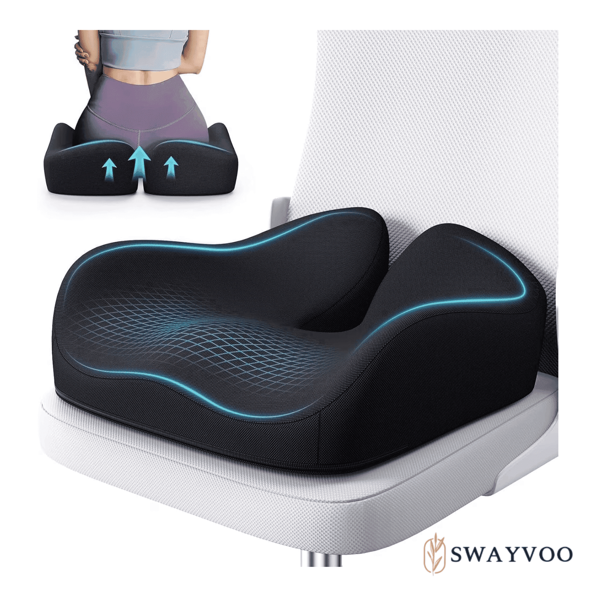 Swayvoo Contoured Memory Foam Seat Cushion for Office Chair & Car Seat – Sciatica, Tailbone & Back Pain Relief Support Cushion Black
