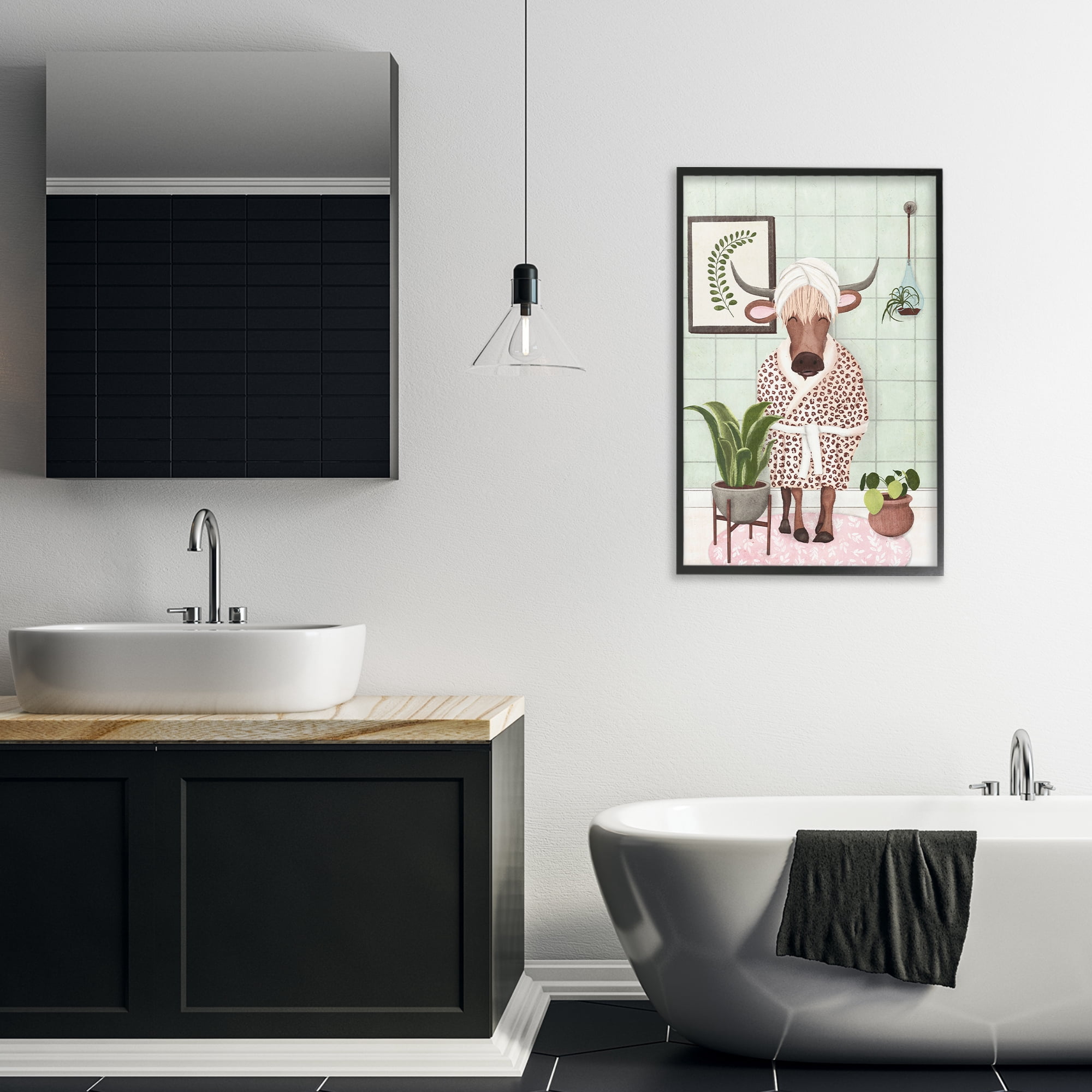 Stupell Industries Cow in Bathrobe Typography Painting Black Framed Art Print Wall Art, 20 x 30