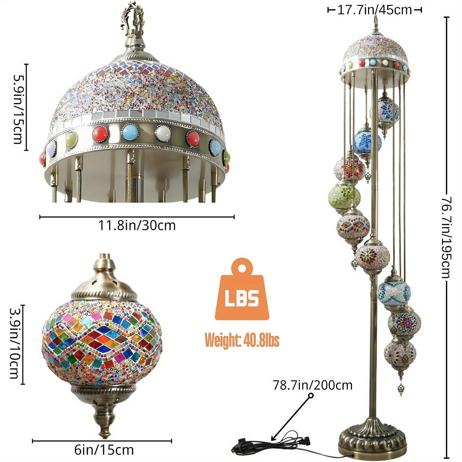 Turkish Mosaic Floor Lamp with Improved Lampshade and 9 Spheres, up to 77 inches, perfect for creating an artistic and gorgeous atmosphere