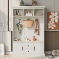 thumbnail image 2 of Hall Tree with Storage Bench, 47.2'' Wooden Coat Rack with 2 Cabinet and 2 Drawers, 3-in-1 Storage Locker with Cushion and 3 Hooks for Mudrooms Organization Entryway Living Room, Beige, 2 of 7