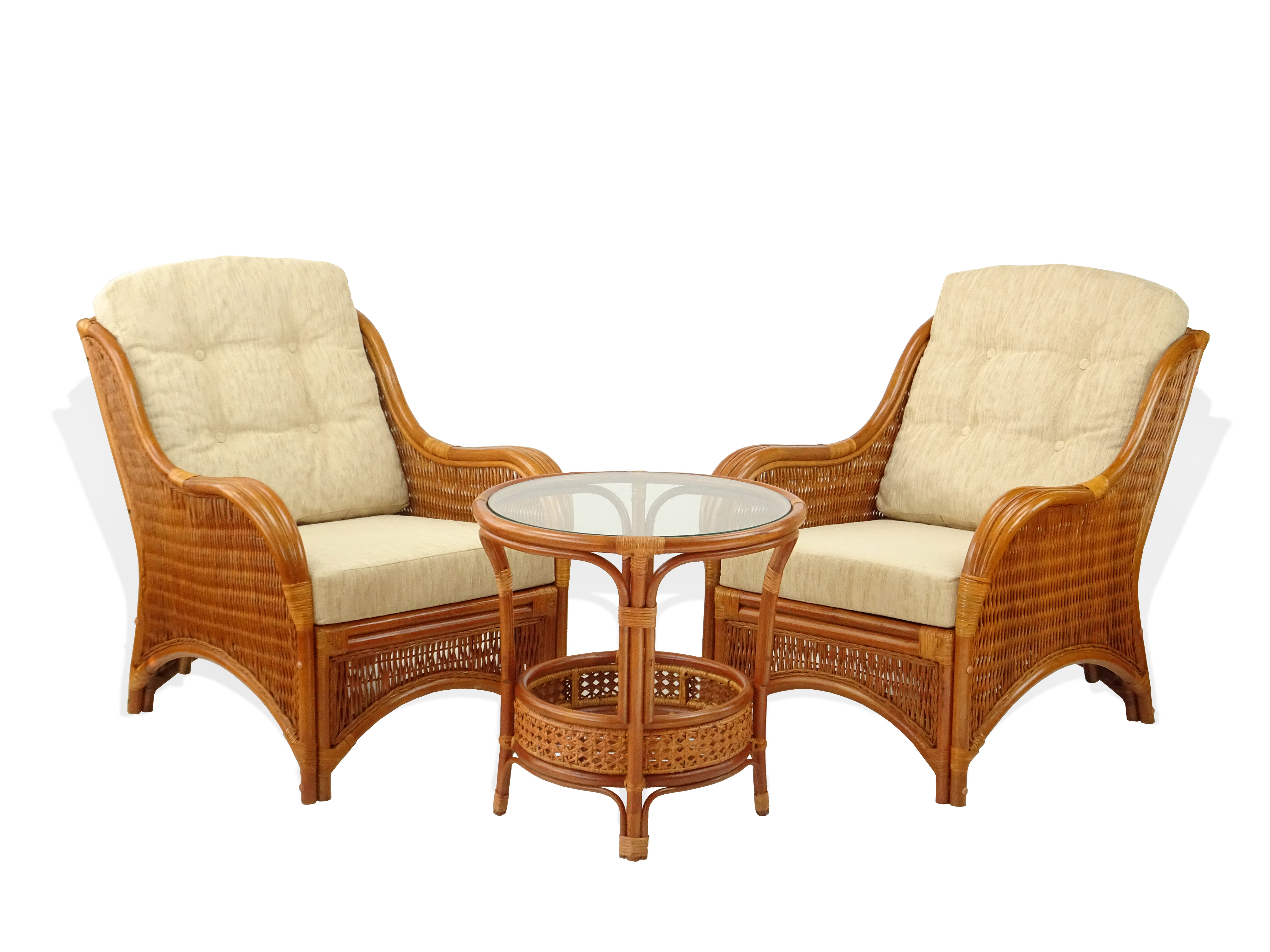 SK New Interiors Set of 2 Natural Rattan Wicker Jam Chairs w/Cream