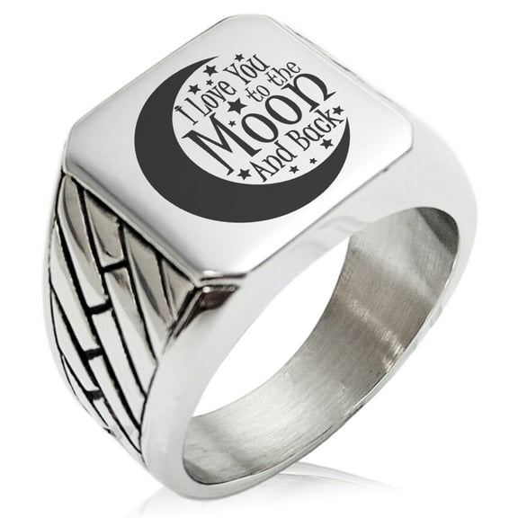 Stainless Steel Crescent I Love You to the Moon and Back Geometric Pattern Biker Style Polished Ring