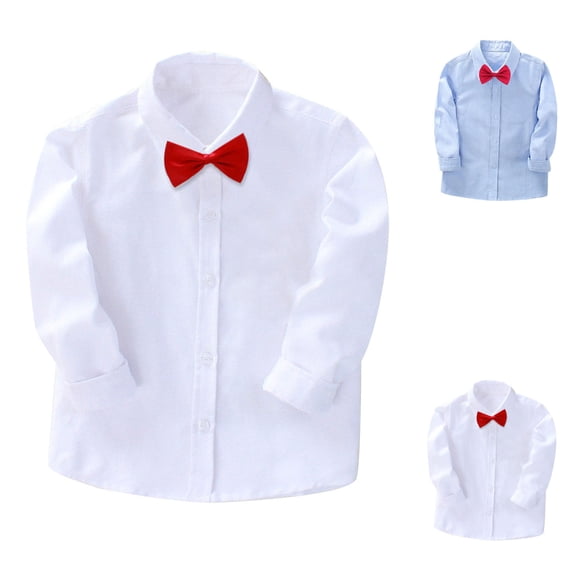 Falkdiz Boys Bow Tie Shirts Cotton Long Sleeve Button Up Back to School Casual Solid Color Collar Stylish Tops for Boys,Blue,Size: 2