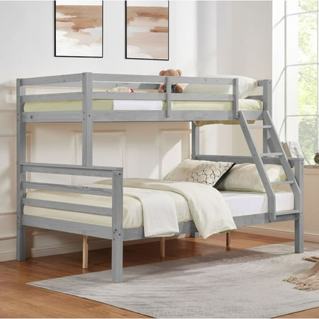 Twin over Full Solid Wood Bunk Bed with Thick Posts, 800 lbs Total Weight Capacity, High Guardrails, Sturdy Ladder & Under-Bed Storage, No Box Spring Required,Grey