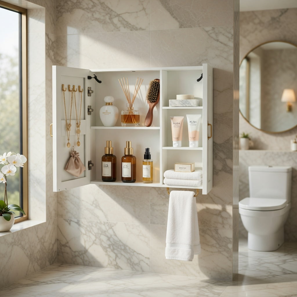 Hommoo Modern LED Bathroom Medicine Cabinet with Anti-Fog Mirror & Soft White Lighting, Wall-Mounted Aluminum-Plastic Two-Door Vanity Storage, White