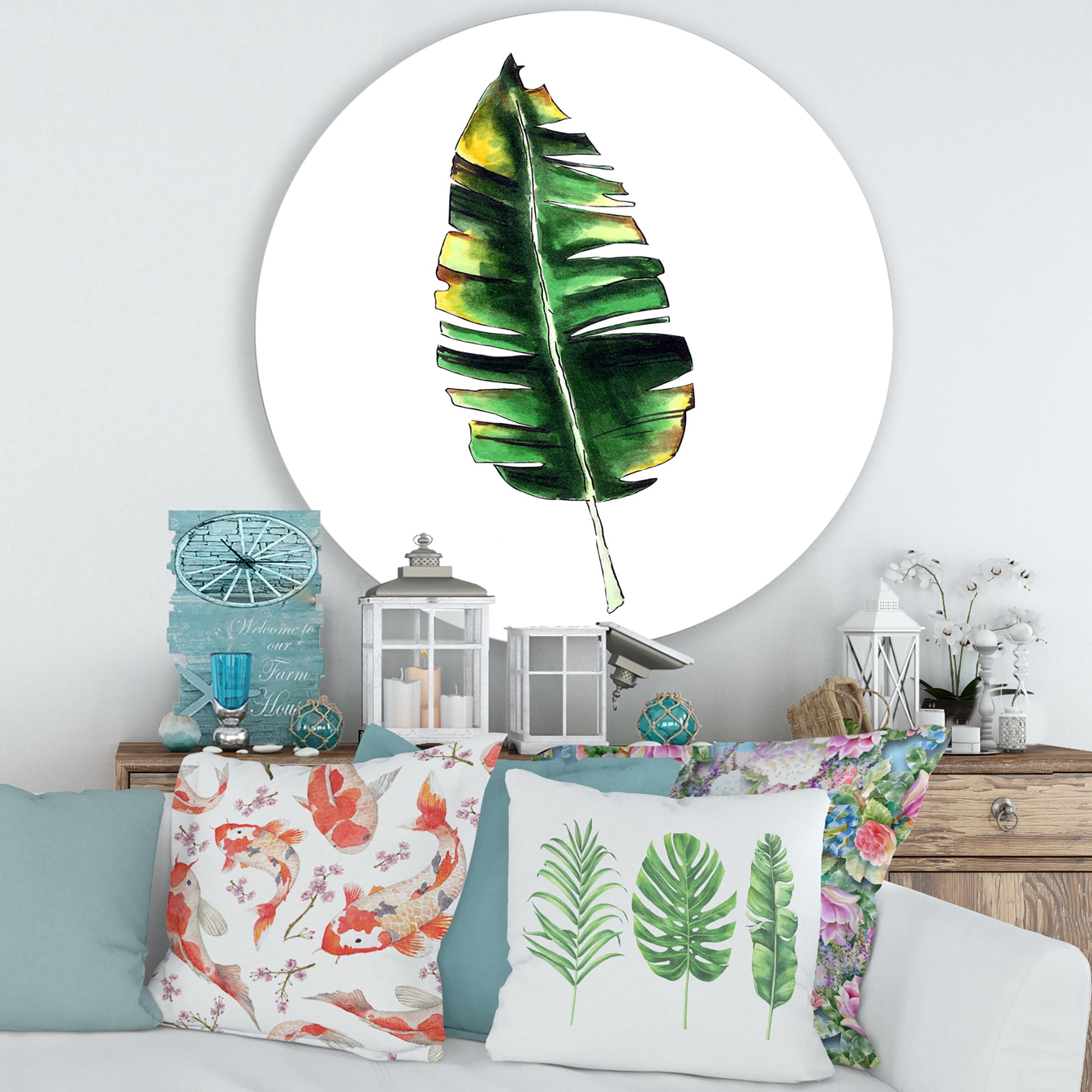 Designart 'Single Banana Leaf On White' Bohemian & Eclectic Circle Metal Wall Art 36x36 - Disc of 36