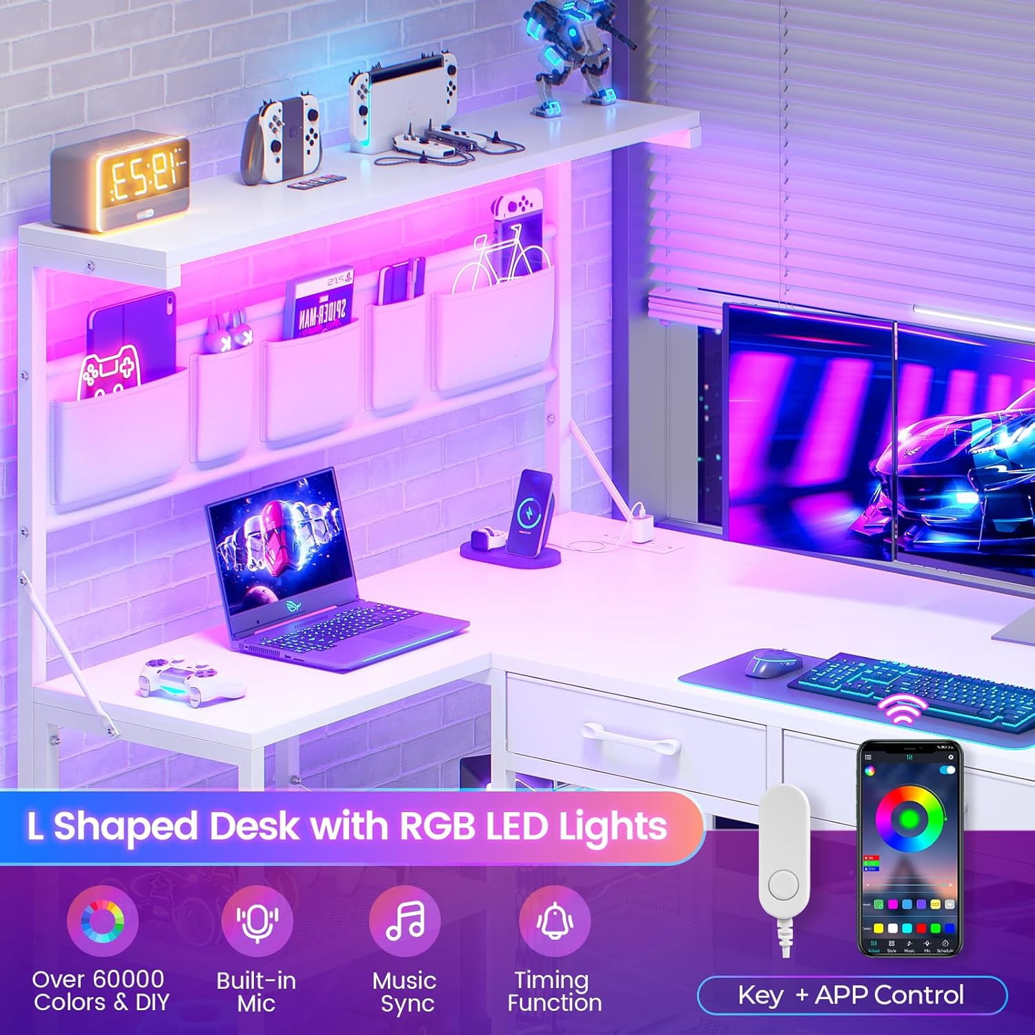 L Shaped Desk with 5 Fabric Drawers and Hutch, 47.2" Reversible Computer Desk with LED Lights for Home Office