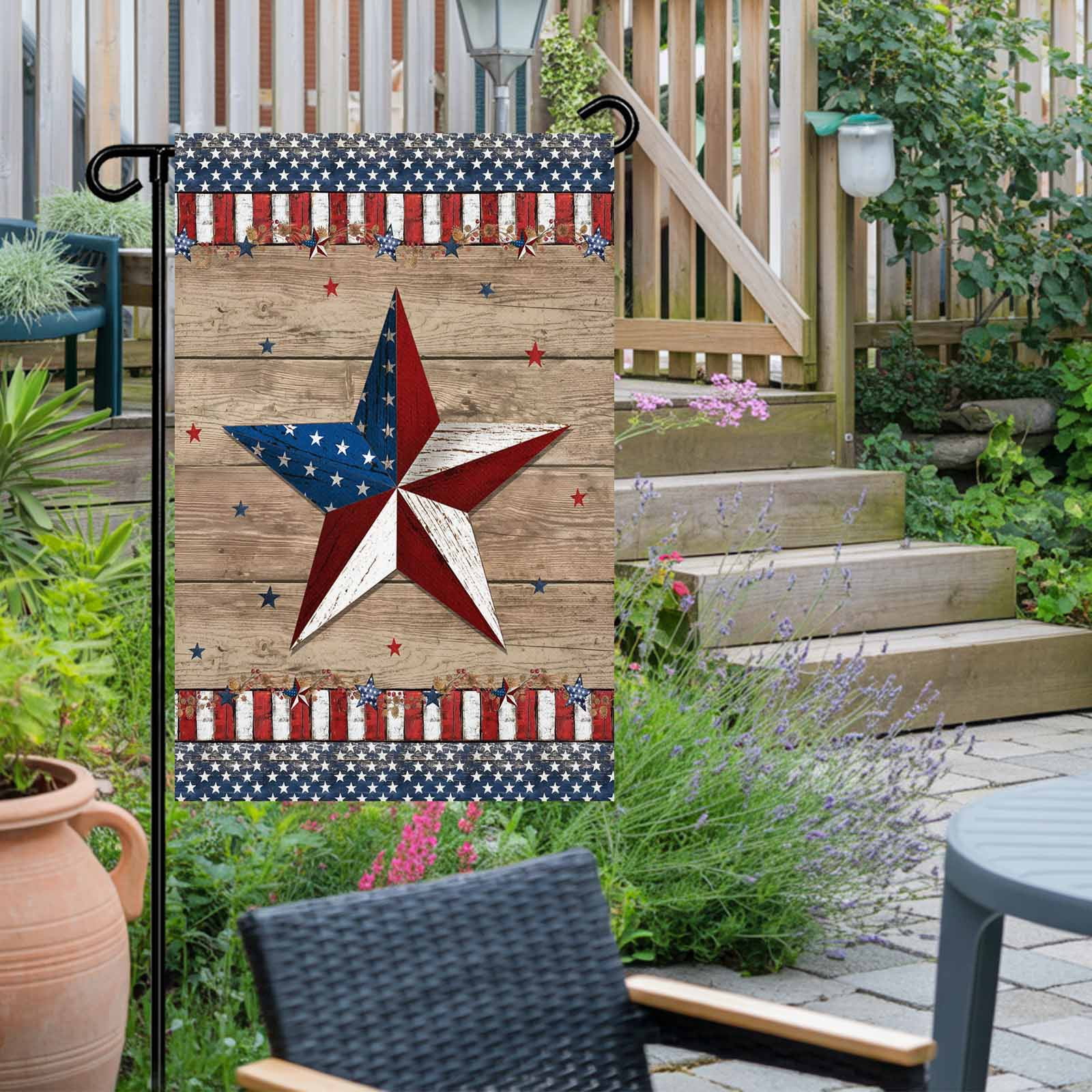 4th of July Garden Flags Patriotic Stars Garden Flag Double Sided Welcome Flag Red White and Blue Wood Grain Independence Day Yard Flags for Outdoor Lawn Porch Memorial Day Holiday Decor 28x40 Inch