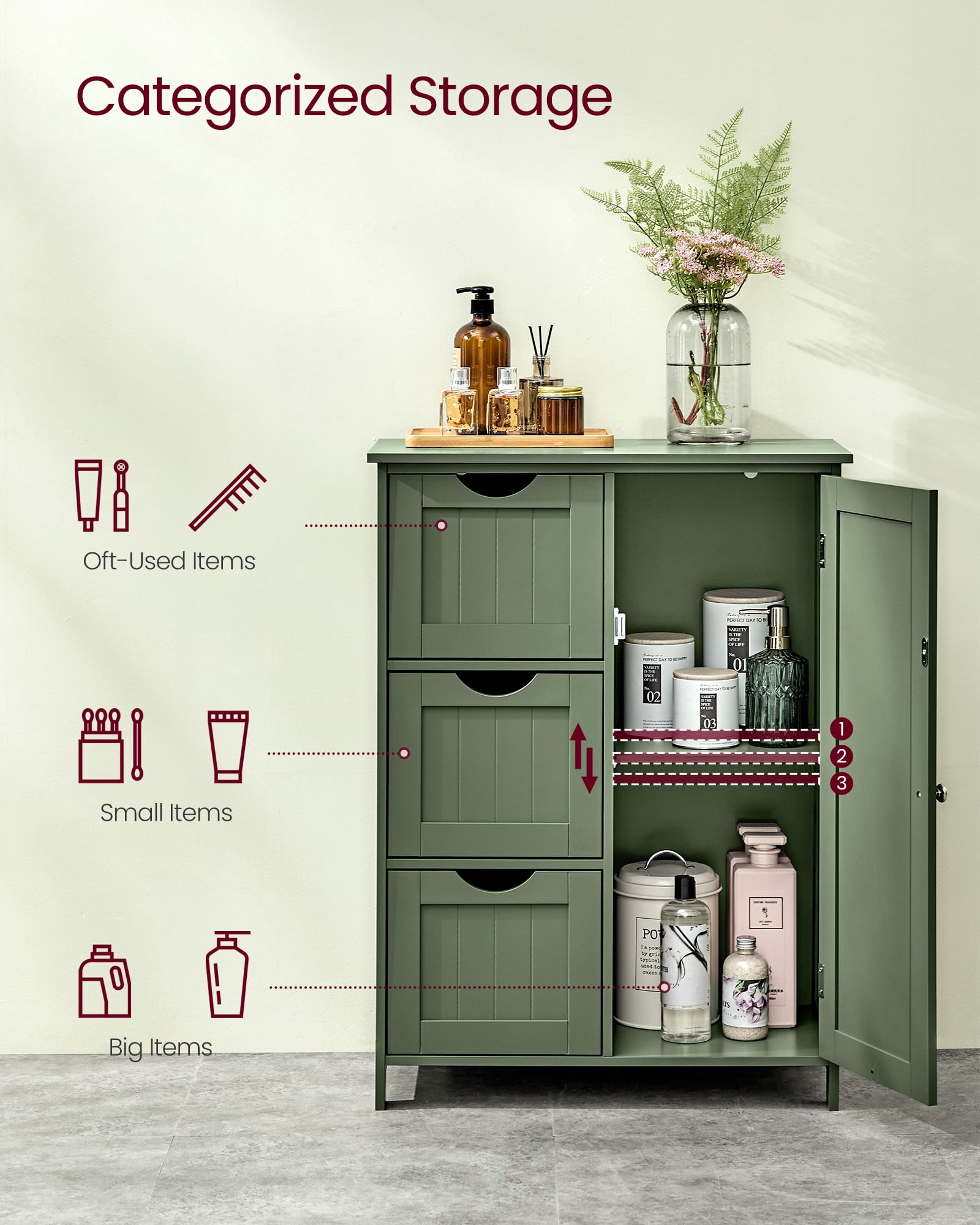 Floor Storage Cabinet, Freestanding  Storage Unit with 3 Drawers, 1 Adjustable Shelf, Forest Green