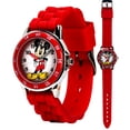 thumbnail image 1 of Reloj analógico Disney Mickey Mouse para niños, manecillas de horas y minutos de fácil lectura, correa de silicona roja, caja de acero inoxidable, reloj educativo en caja de lata coleccionable, ideal, 1 of 5