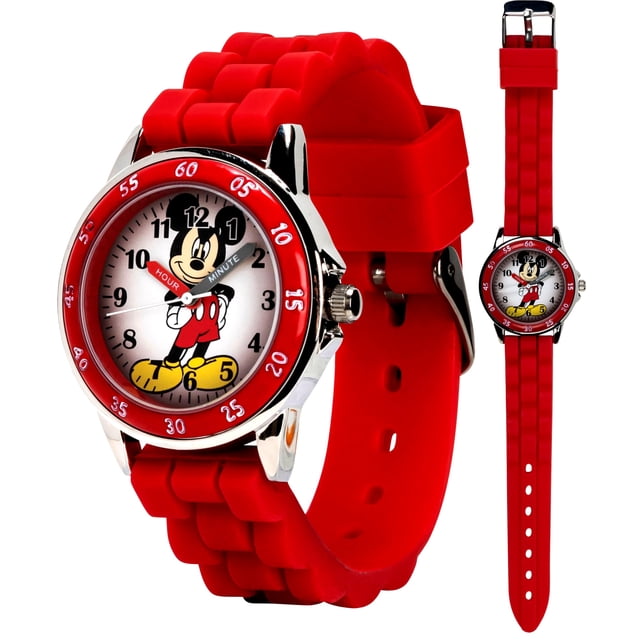 Reloj analógico Disney Mickey Mouse para niños, manecillas de horas y minutos de fácil lectura, correa de silicona roja, caja de acero inoxidable, reloj educativo en caja de lata coleccionable, ideal